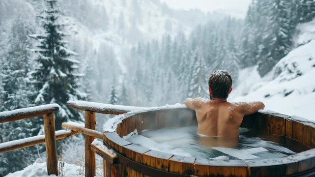 Man relaxing in a wooden outdoor ice bath amidst Winter forest covered in snow, wellness and cold water therapy benefits for health concept. Back view, snow falling in slow motion.
