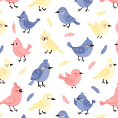 Seamless Pattern with Colourful Birds and Feathers