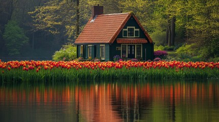 Obraz premium Lakeside Cottage With A Vibrant Tulip Garden