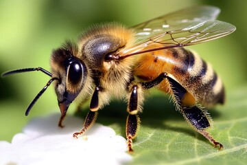 Close-Up of a Honeybee Gathering Pollen from a White Flower Amidst Summer Nature