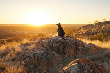 Majestic wombat on rocky outcrop at sunset vast landscape
