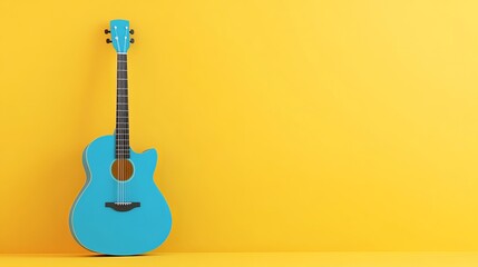 Fototapeta premium Blue cartoonstyle guitar on a soft yellow minimalistic background 3D rendering