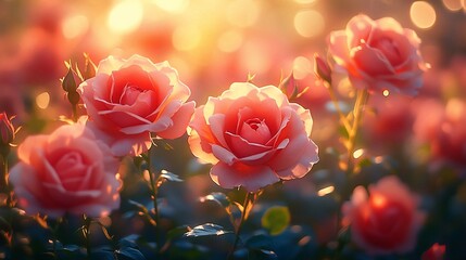 Obraz premium Sunset Illuminates Delicate Pink Roses In A Garden
