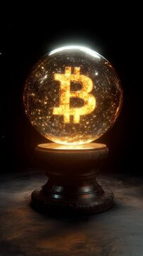 Bitcoin crypto symbol glows in magic crystal ball placed on wooden table on black background. Cryptocurrency price prediction, future of finance and investment concepts. Vertical footage.
