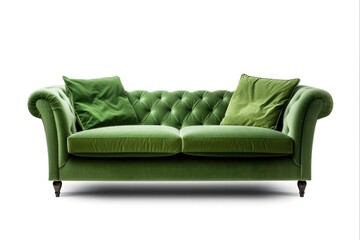 Fototapeta premium Isolated Modern Green Sofa with Fabric Pillows. Clipping Path Included. Perfect for Architects and Interior Designers