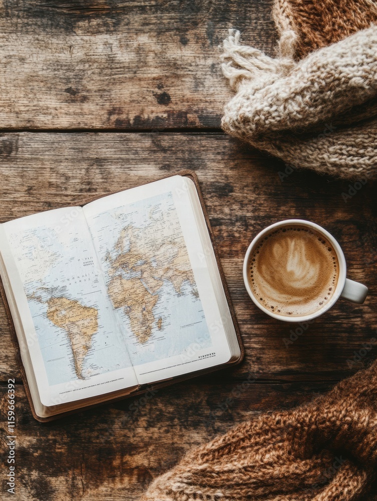 Leinwandbilder cozy travel flatlay featuring a warm drink and an open guide on a rustic wooden table. generative ai