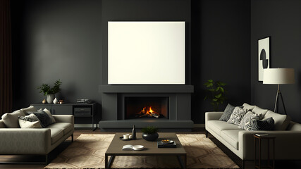 A living room with a fireplace and two couches