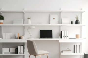Minimalist workspace with white desk, laptop, lamp, and clock against white shelves with books and decor for design blogs, interior magazines, advertising materials