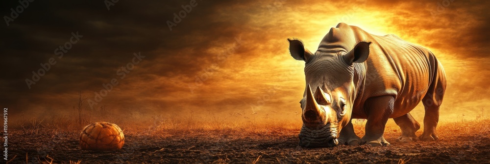 Poster Close up of a rhino grazing in a barren savanna with vibrant skies and ample space for text or design elements. Generative AI