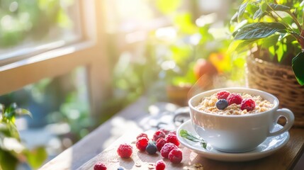 Delicious oatmeal breakfast bowl with fresh raspberries and blueberries, served in a white cup on a wooden table by a sunlit window.