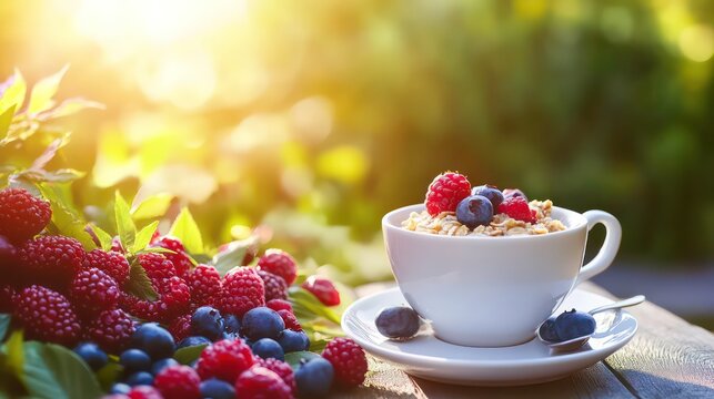 Healthy breakfast of oatmeal with raspberries and blueberries in a white cup outdoors in sunlight.