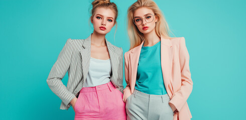 Two blonde women in pastel blazers and coordinating pants pose against a vibrant teal backdrop. One wears glasses. A fashionforward image.