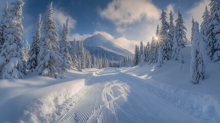 Snow Covered Mountain Path Winter Sunlight Scene
