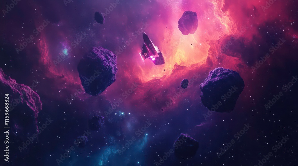 Poster Spaceship navigating through an asteroid field in a vibrant nebula.