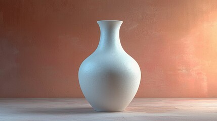 A simple yet elegant white vase standing on a surface with a soft peach backdrop illuminating its shape. Minimalist design showcasing artistry in pottery.