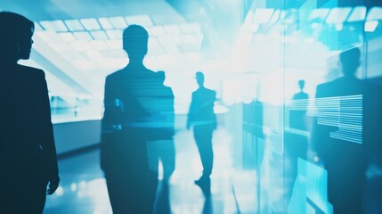 Business professionals in a high-tech office space. Featuring smart technology and interactive boards