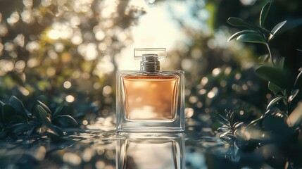 A beautiful glass perfume bottle reflects sunlight among green foliage, emphasizing its luxury and design.