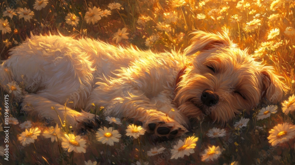 Wall mural A Fluffy Dog Napping Peacefully Amidst Daisies