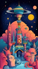 A vibrant, surreal tower with planets and whimsical structures in a cosmic landscape.