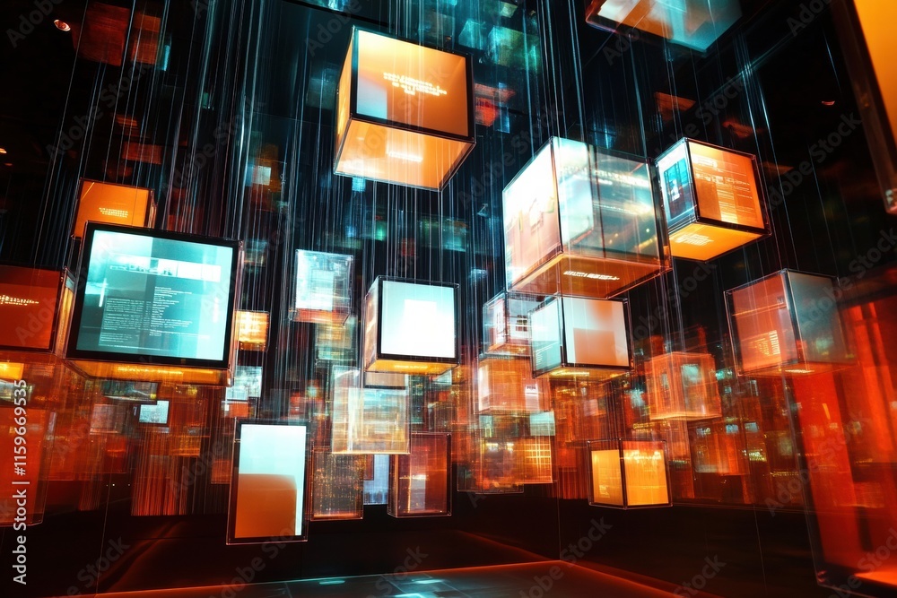 Fototapete Floating cubes display abstract text and symbols in a modern digital art installation at an urban gallery setting. Generative AI