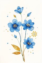 Obraz premium Elegant watercolor painting of blue flowers with gold accents on a light background