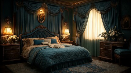 Obraz premium Luxurious Teal Bedroom With Ornate Furniture And Drapes