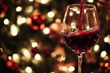 wine glass being filled with red wine with a bokeh background 