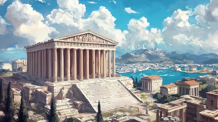 Ancient civilization landscape greece architectural masterpiece tranquil waters panoramic view cultural heritage
