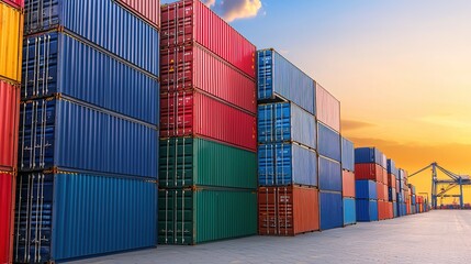 Container shipping operations port facility industrial layout sunset lighting aerial view logistics management