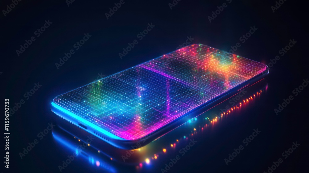 Poster Futuristic smartphone with vibrant data stream visualization on screen.