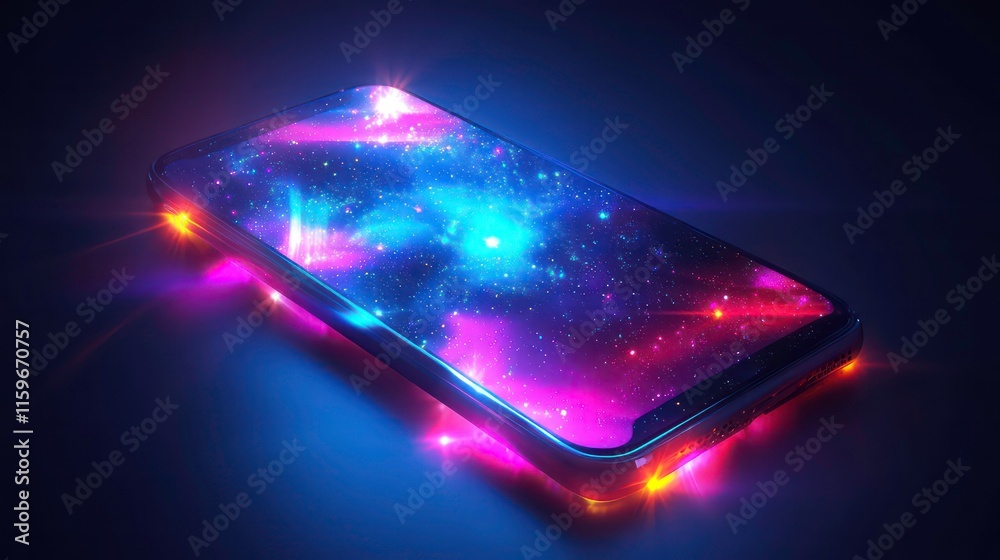 Leinwandbilder futuristic smartphone displaying a vibrant nebula on its screen, illuminated by colorful lights.