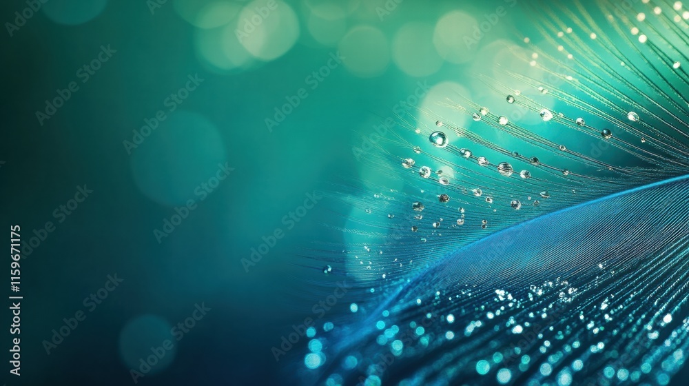 Leinwandbilder close up of a vibrant peacock feather adorned with dew drops on a serene background with space for c