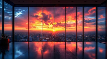 Fototapeta premium Vibrant Sunset Over Cityscape Viewed From Modern Skyscraper