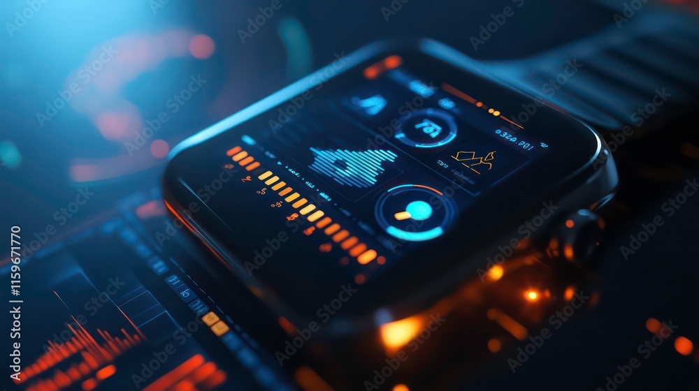 Aufkleber Futuristic smartwatch displaying data analytics on a dark background.