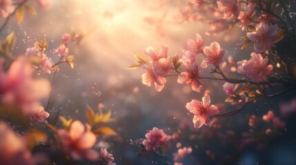 Fototapeta premium Pink Blossoms Glowing In Golden Sunlight