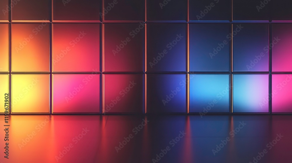 Poster Abstract colorful grid pattern with vibrant neon lights reflecting on a glossy floor.
