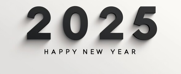 "2025" and "HAPPY NEW YEAR" in Paper-Cut Style, 3D Effect with Shadows, Minimalist Gray and Black Design on White Background, Modern Font, Centered Text