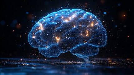 Artificial intelligence glowing digital brain sending data through neural network
