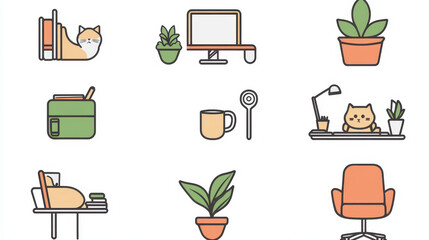 Home office, freelance doodle icons set. Cogwheel and palm tree, house and globe, coffee cup. Workplace desk, calendar, computer, potted plant and sleeping cat, cosy armchair. Line art vector elements