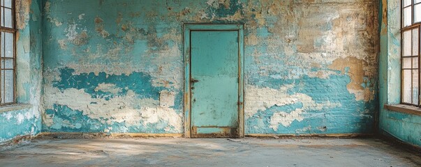 Naklejka premium Photograph of a Weathered and Abandoned Room with Distressed Blue Walls and a Wooden Door, Natural Light Streaming through Large Windows Illuminating Textured Surfaces