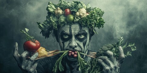 A striking and surreal portrait features a person painted in grayscale with an elaborate headdress made of vegetables, creating a unique fusion of art and nature.