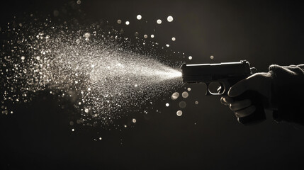 Shooting a gun from the particles. A man fires a gun. Silhouette of circles and dots. Vector illustration.