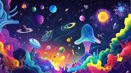Naklejka premium A vibrant cosmic scene featuring planets, stars, and colorful mushrooms in a surreal landscape.