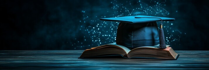 Graduation cap on old book with network connection in background representing online education