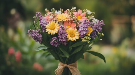 Fototapeta premium A vibrant bouquet of spring flowers tied with burlap