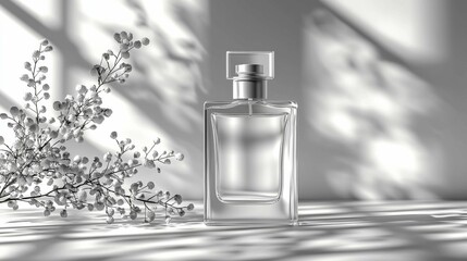 A minimalist clear perfume bottle rests beside delicate white flowers, emphasizing luxury and sophistication in design.