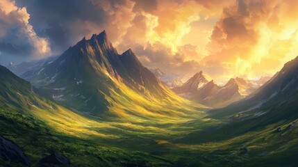 Fototapeta premium Tranquil mountain sunset: Verdant hills and slopes stretch out beneath a majestic cloudy sky, casting ethereal hues on the surrounding peaks.