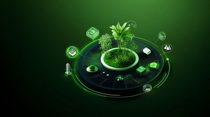 Smart farming concept visualized as a green environment with a centerspoke design featuring plants in the center surrounded by rotating technological icons