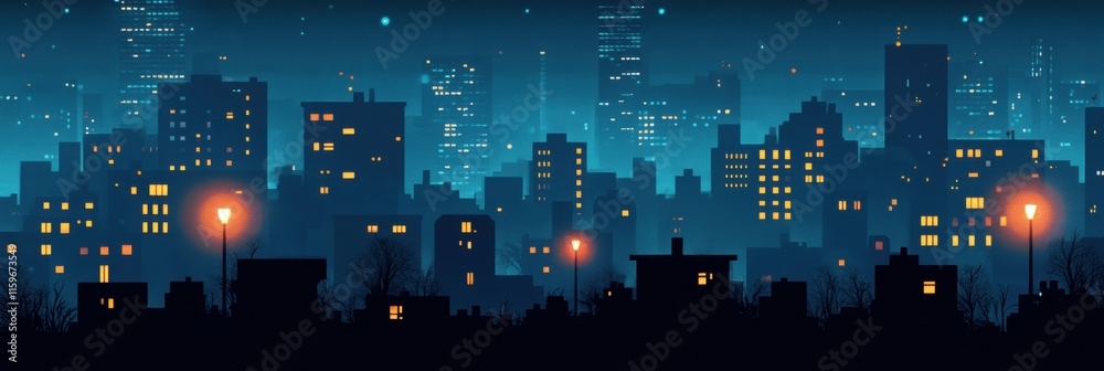 Leinwandbilder Dark cityscape at night with illuminated windows and distant buildings creating a moody atmosphere. Generative AI