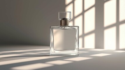 A sophisticated and transparent perfume bottle sits elegantly on a soft background, illuminated by natural light, creating a luxurious feel.